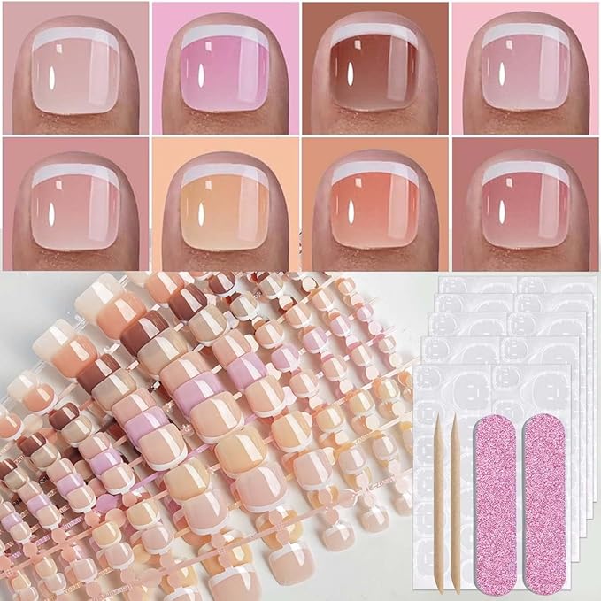 216 Pcs French Tip Press on Toenails for Women Short Square Toe Nail Press ons Reusable Toenail Press ons Artificial Fake Toe Nails Full Cover Stick on Toe Nails for Nail Art Designs