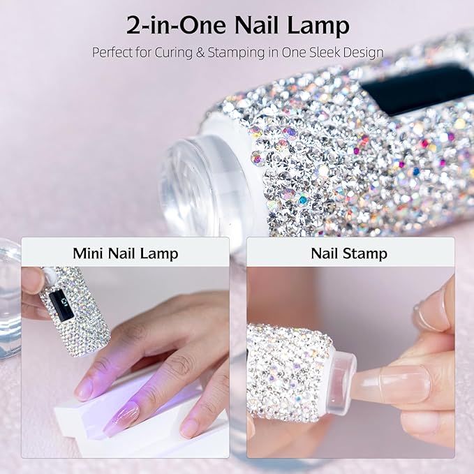 Handheld UV Light with Sparkly Rhinestones, 3W Portable LED Nail Lamp, Wireless Rechargeable USB Nail Dryer with Silicone Stamper Display Screen for Fast Curing Home DIY Manicure White