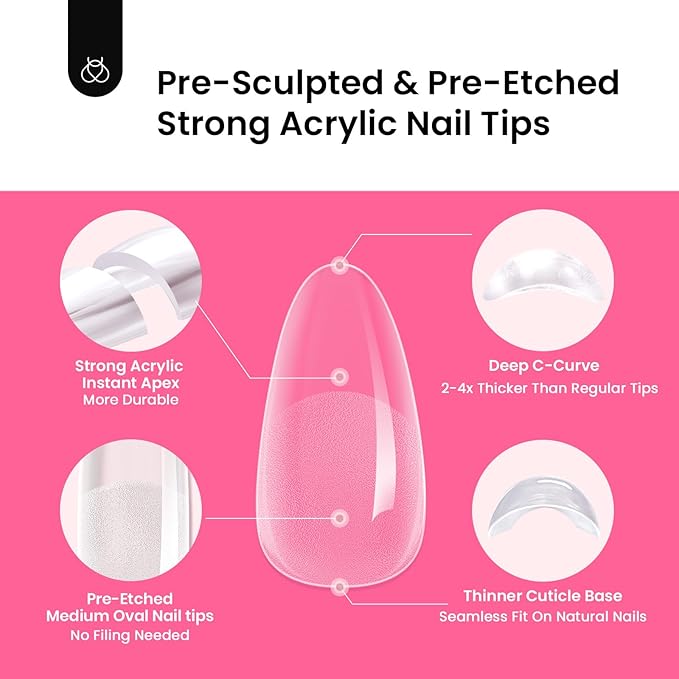 Beetles Tipex Instant Apex Nail Tips Kit, Medium Oval Almond 224Pcs 16 Sizes Pre-Building & Pre-Etched Thicker Acrylic Nails False Nail Extension with Tipex Nail Glue Mini Nail Lamp