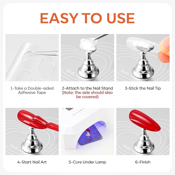 Makartt Nail Stand for Press On Nails DIY: Non-Slip Strong Magnetic Metal Base 10 Holders 200 Sticky Tapes, Professional for Nail Art Painting, Display and Practice, Gifts for Beginners Salon Artists