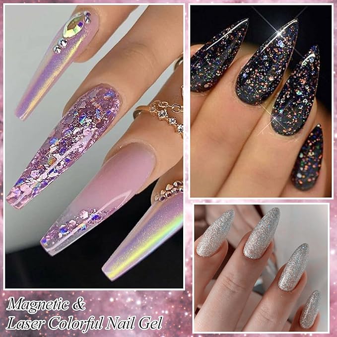MEET ACROSS 8pcs Gel Nail Polish Set, Soak off UV LED Lamp Gel Nail Polish Cat Eye Set Home Gel Manicure Kit 7ml (Starburst Glitter + 9D Cat Eye Gel)