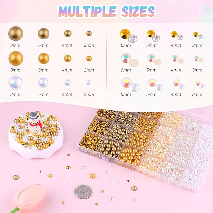 14000Pcs Flatback Pearls and Rhinestones for Crafting, White Brown Mixed Size 3-8mm Resin Rhinestones and Half Pearls for Bedazzling, Nail Art and Decoration with 3pcs B7000 Jewelry Glue