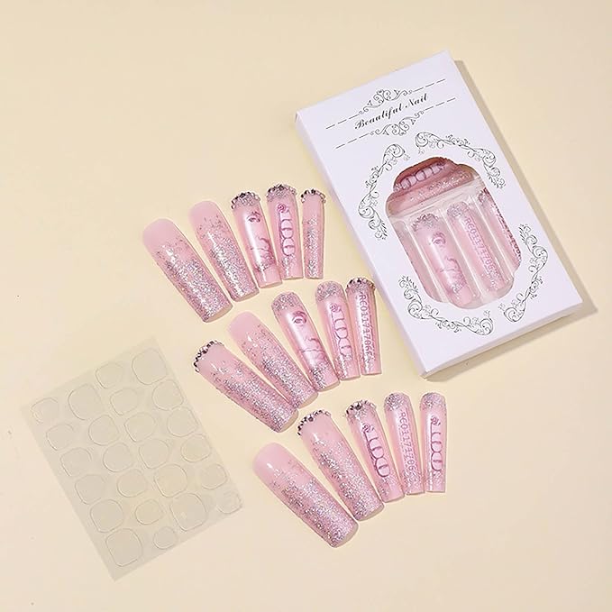 RTKHFZE Long Press on Nails Square Shape Fake Nails with Money Pattern Design Rhinestones False Nails Glitter Full Cover Acrylic Nail Extra Long Nails 24pcs