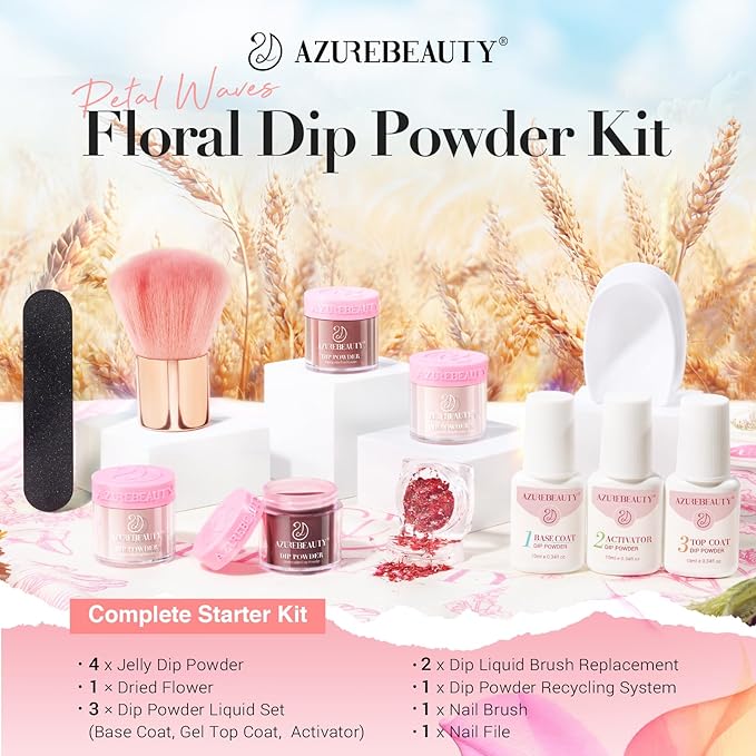AZUREBEAUTY Dip Powder Nail Kit, 4 Colors Jelly Transparent with Dried Flower Set, Nude Brown Natural Dipping Powder Starter Liquid Set Recycling Tray with Base & Top Coat Activator