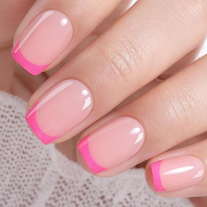 UNA GELLA 32Pcs Soft Gel Press on Nails - 16 Sizes Hot Pink French Tip Short Square Glue on Nails, Reusable Nude Pink False Nails, Full Cover Acrylic Nail Kit for Women DIY Home Manicure