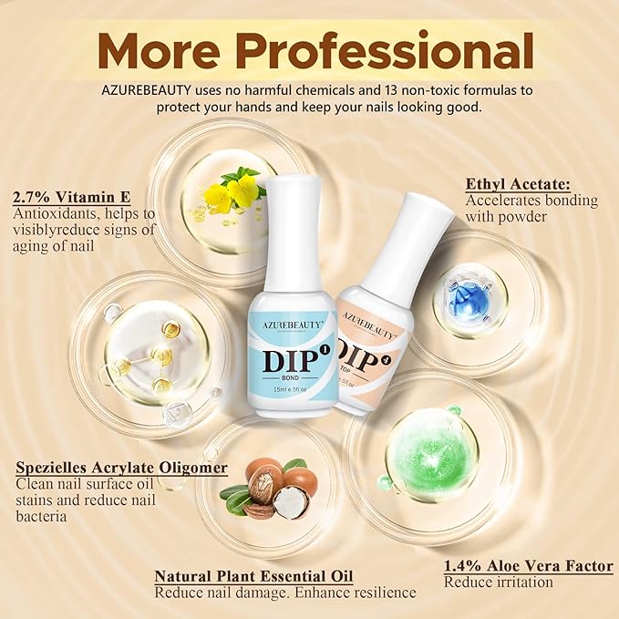 AZUREBEAUTY 5 Pcs Dip Powder Liquid Set - 15ml/0.5oz Large Capacity Dip Base Coat, Top Coat, Bond, Activator, Brush Saver for Dip Nail Kit Salon Home No Nail Lamp Needed