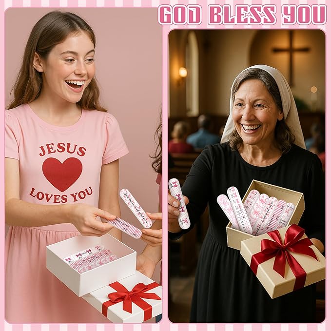 50 Pcs Christian Gifts for Women Bulk Women's History Month Gift Christian Pink Coquette Bow Nail File Bulk Coquette Birthday Party Favors Pink Religious Appreciation Gifts for Employee