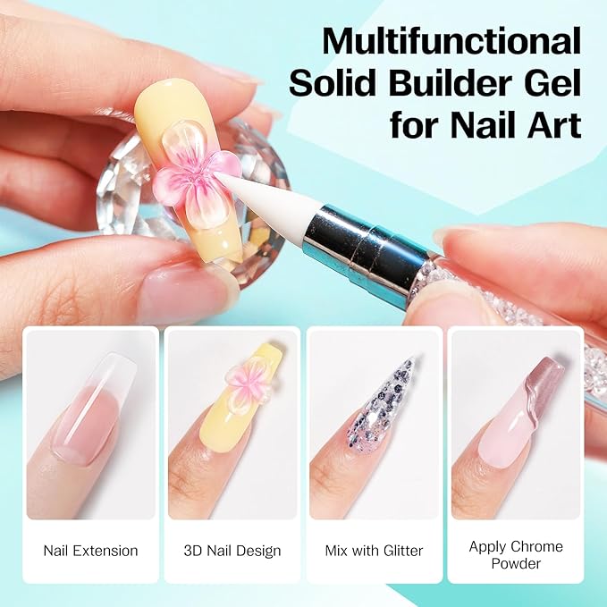 Solid Builder Gel for Nails and 3D Sculpting Nail Gel Set for Extensions, Sculpture, Designs, Chrome Powder, Rhinestones - Soak Off UV/LED for Salon Home DIY