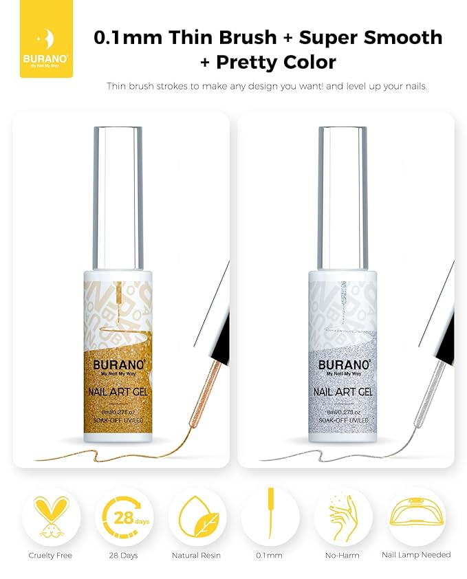 BURANO Gel Nail Polish Liner Nail Art Polish, Silver Gold Painted Gel Nail Design Polish 2 Bottle 8ml, Build in Thin Nail Brush Curing Required LX2 LX8