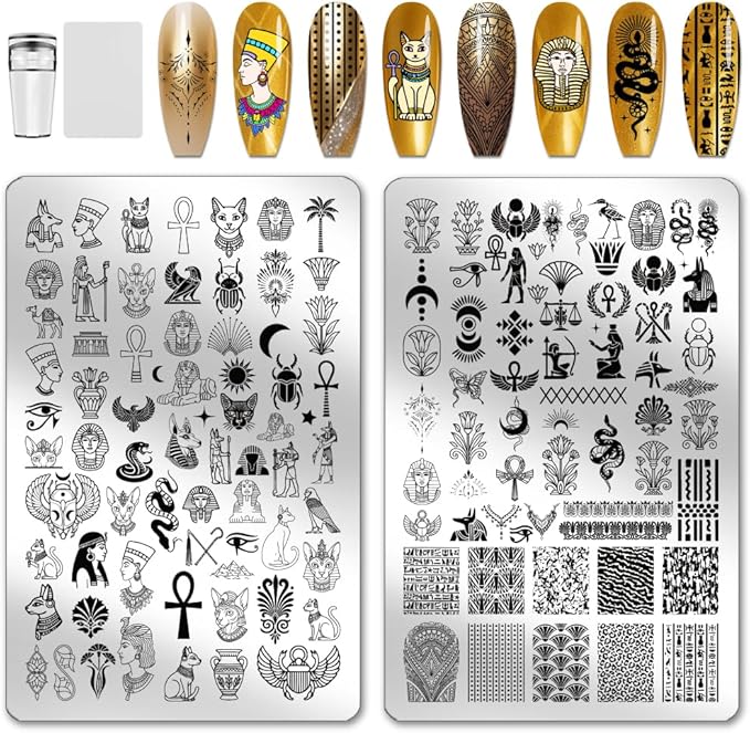PH PandaHall 2pcs Egyptian Elements Nail Stamping Plates Cats Snakes Nails Art Stencils Pharaoh Manicure Art Templates Mysterious Style Nail Image Plates for Women Manicures Salon Design DIY Supplies
