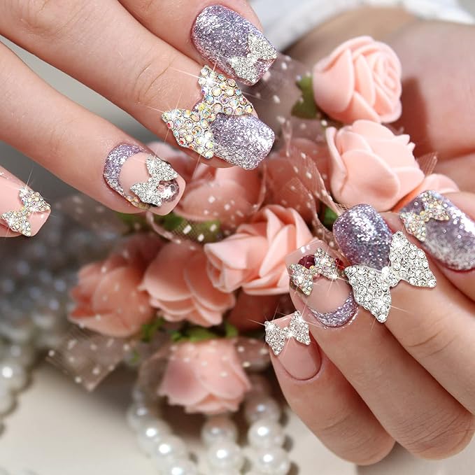 Maitys 24 Pieces Nail Bows Charms Rhinestones 3D Charms Alloy Pearl Bow Knot Accessory for Valentine's Day Women DIY Xmas Salon Jewelry Craft(Silver, Laser)
