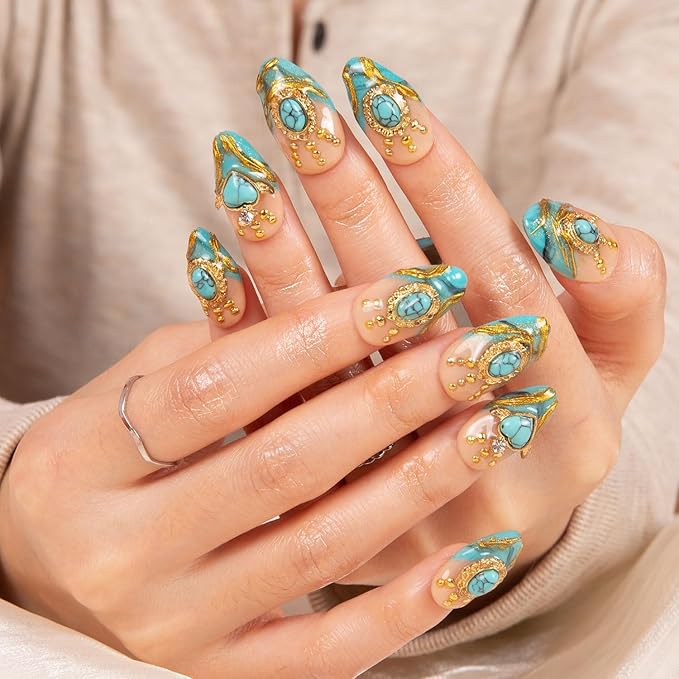 LOVFUL Press on Nails Turquoise Blue French Tip | Handmade with Full Covered Crystals | Reusable Fake Nails | Almond Regular 1.0 in | H122-S