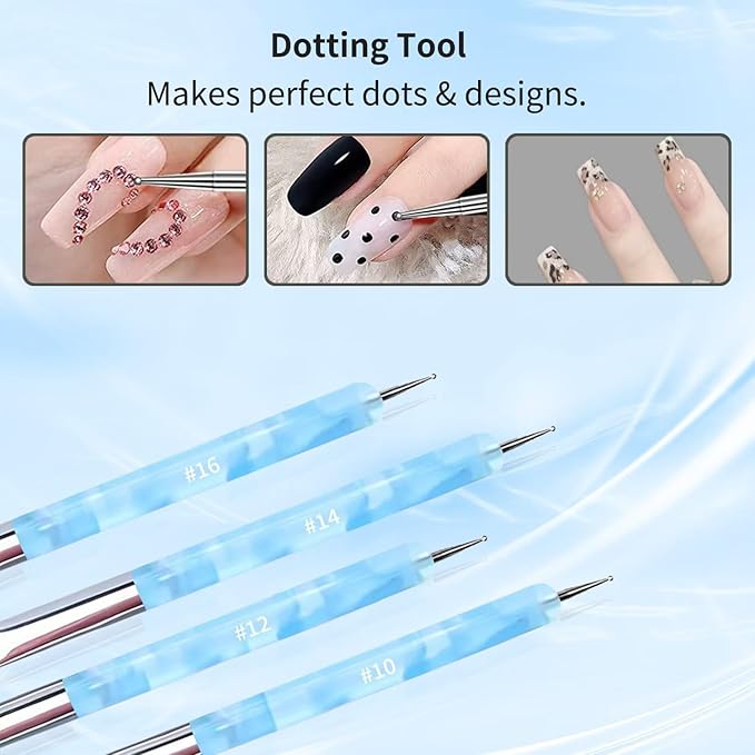 4Pcs French Tip Brush, Double-Ended French Brushes for Nails with Dotting Tool, Clean Up Brush for Gel Nail Polish, Size 10/12/14/16, Acrylic Nail Art Brushes, Manicure Tools for Nail Design-Blue