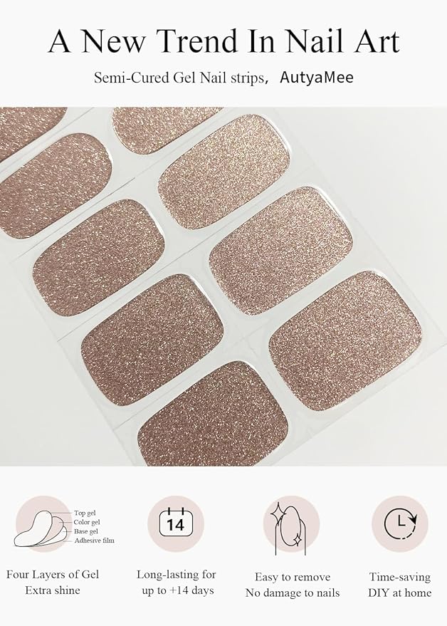 Semi Cured Gel Nail Strips (Champagne Gold Glitter), Sparkle Finish, 20 Pcs Gel Nail Wraps, Stickers, Salon Quality, Long Lasting, Works with Any UV Lamps