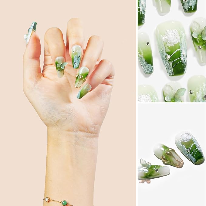 Handmade Press On Nail Medium Long Coffin Ballerina Green Flower Butterfly Fake Tip 3D Design Art Charms Cute with Storage Box 10 Pcs (#009 L)