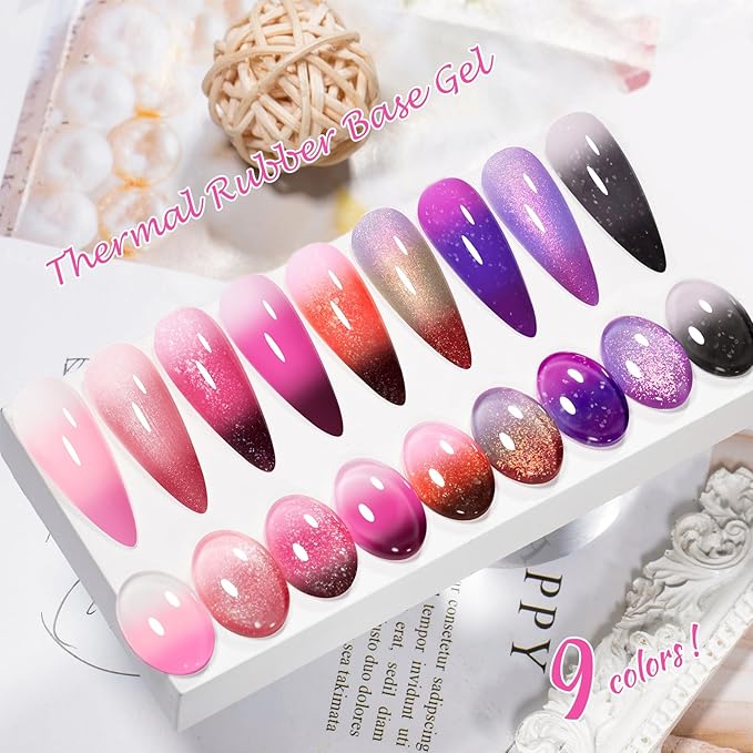 MEET ACROSS Color Changing Builder Nail Gel of 12 Temperature Shiny Changing Colors Rubber Base Gel Polish Including Pink Purple Orange Mood Changing Gel Manicure Kit for Nail Art Home DIY