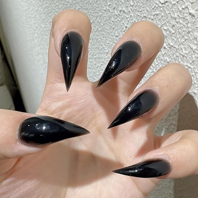 Luxury Press on Nails Medium Stiletto Handmade Eagle Claw Unique Reusable ABS Material Fake Nails Dragon Cat Claw False Nails with Designs Black Glossy Glue on Nail Curved Thick Acrylic Nail(S)