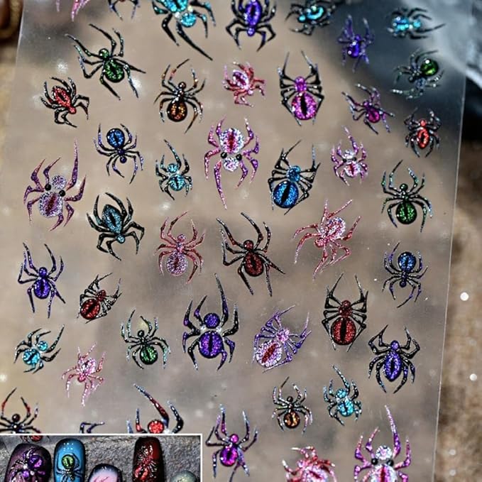 Halloween Nail Stickers 3D Self Adhesive Spider Nail Art Stickers 5D Embossed Colorful Spiders Nail Decals Araneid Nail Art Supplies Cute Multicoloured Nail Design for Women Girls 1 Sheets