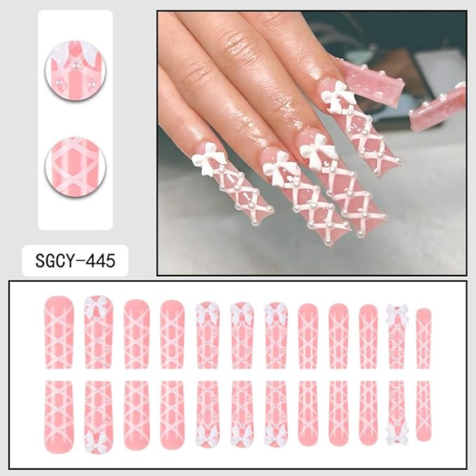 Long Press on Square Nails, 24pcs Pink Artificial Nails with White Bow Designs, Acrylic Material, Full Cover Nail, Press-On False Nails