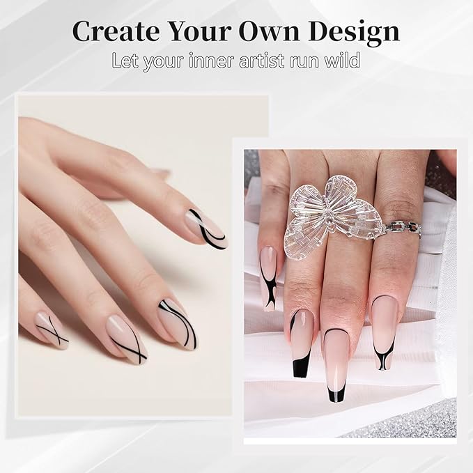 JODSONE Black Swirl Nail Art Liner Gel Polish,10ml Classic Color 3D Nail Art Pens Effect Nail Print Design with Thin Brush for French Tips Manicure Painting DIY at Home - LB01