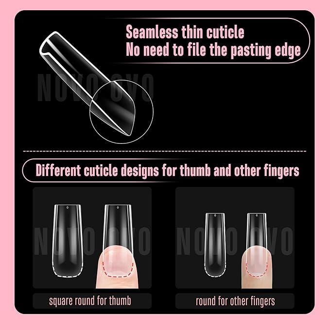 NOVO OVO Long Square Nail Tips SCULPTED (Not NATURAL) for Curved Nail Beds, Extra Thick L Length False Nails Press on, Full Cover Soft Gel Fake Nail Extension, Salon DIY x 15 Sizes 450 pcs