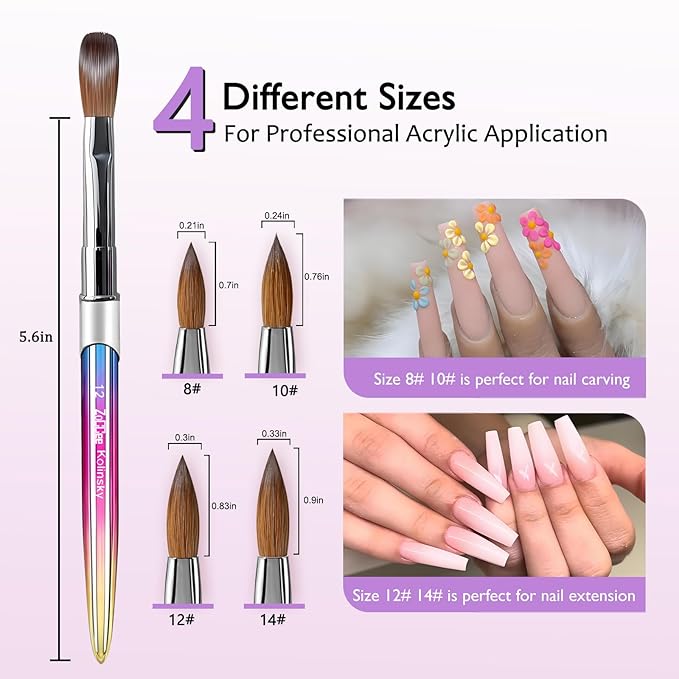 Acrylic Nail Brush - 100% Kolinsky Sable Hair Brush for Acrylic Application - Professional Salon-Grade Tools with Box for Nail Art, Extensions & 3D Carving (Gradient, #14)