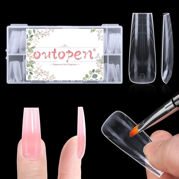Outopen 150pcs Long Coffin Nail Forms for French Nail Extension, Thicken Clear Coffin Nail Mold for Polygel Acrylic Extension, Full Cover Fake Press On Nail Molds, 15 Sizes