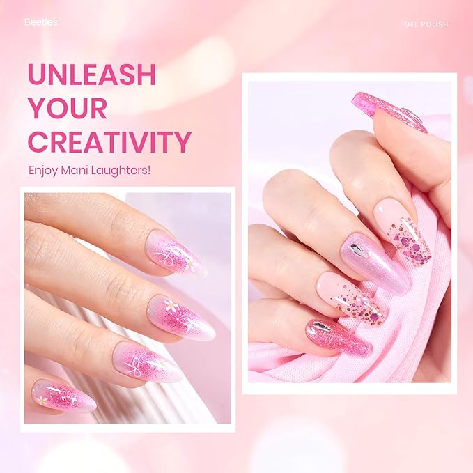 Beetles Gel Nail Polish Set – 6 Pink Shades with Shimmer & Glitter Soak Off UV LED Gel Polish Kit Long Lasting Pink Reverie Collection DIY Home Salon Manicure Gift for Women & Girls