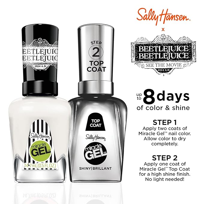 Sally Hansen Miracle Gel Beetlejuice Salon Quality Nail Polish | Gel-Like Formula, Two-Step System, No UV Light Needed, Long Lasting | Opaque, Glossy | 928 Tombstone | White Nail Polish