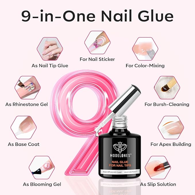 modelones Short Square Gel Nail Tips, 9-in-One Nail Glue with Portable U V Lamp 216Pcs 12Sizes Pre-Etched Press ons Fake Acrylic Extension Kit DIY Salon Gift for Women