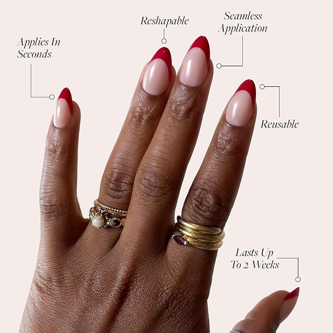 Valentines Day Glamnetic Press On Nails - Rose Garden | Semi-Transparent Red French Tip Short Almond Fake Nails in a Glossy Finish, Salon Quality | 15 Sizes - 30 Nail Kit