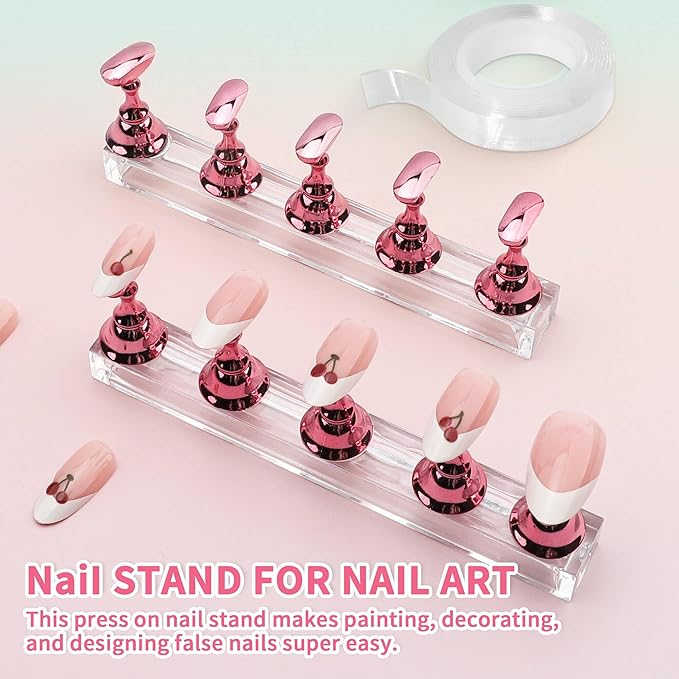 Nail Art Tools Set, 15 PCS Nail Art Brushes, Nail Stand for Press Ons, 5PCS Nail Dotting Tool and Brush Rack with Double Sided Tape Tweezers for Home Salon DIY Beginner Supplies