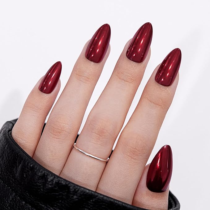 VSALON Press On Nails Almond, 32 Pcs 16 Sizes Red Press On Burgundy Chrome Metallic Medium Fake Nails With Glue & Cuticle Oil, Reusable Stick On Nails False Nails Kit