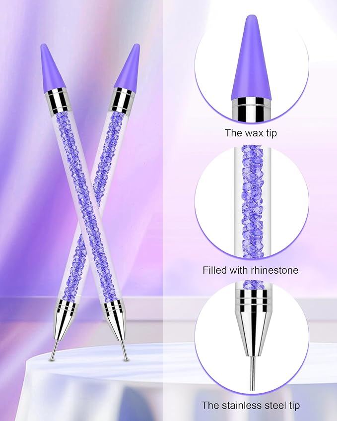 Difenni Rhinestone Picker Tool, Wax Pencil for Rhinestones Tool, Dual-Ended DIY Nail Bedazzling Tools with 4 Extra Purple Replaceable Wax Head and 1 Tweezer(Purple)