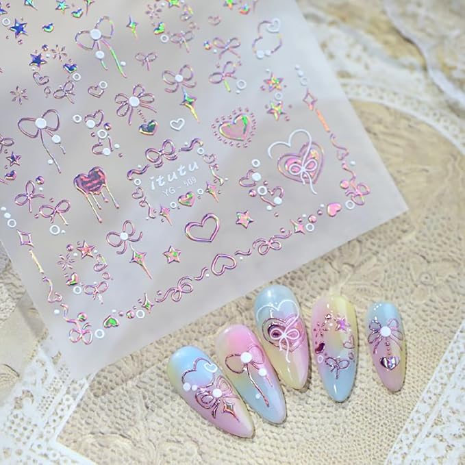 5D Embossed Pink Nail Stickers for Nail Art Self-Adhesive Valentines Day Nail Art Stickers 3D Laser Bow Love Star Designs Heart Nails Art Supplies Cute Nail Decals for Women Manicure Decorations DIY