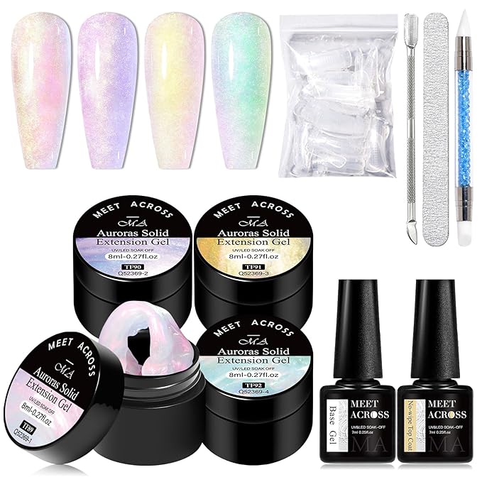 MEET ACROSS All-in-One Extension Mini Kit Non-Sticky Builder Gel Starter Kit WIth Base & Top Coat/Dual-Silicone Pen/Pro File/20-Pc Reusable Dual Forms Salon-Grade Extensions (Aurora Series)