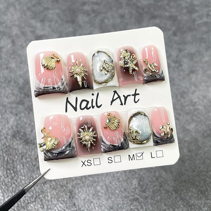 Handmade Press on Nails Thicked Acrylic Fake Nails Gray Gradient French Tip False Nail with 3D Golden Seashell Starfish Sea Turtle Designs Full Cover Short Duck Acrylic Nail for Women（S)