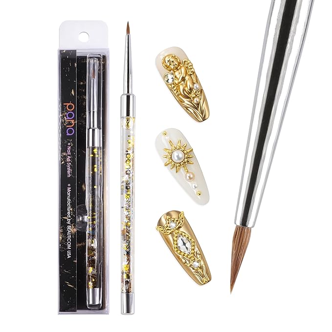 PANA 3D Kolinsky Nail Art Brush - Gold Glitter Handle, Size 2 - Acrylic Nail Art Sculpture Brush for Manicures Pedicure Salon Professional or Beginner