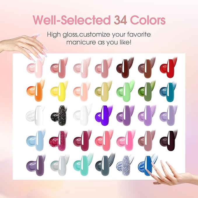 ROSALIND Coloful Poly Nail Gel Kit -34 Colors + Neon Accessories Clear Nude Poly Nails Gel Starter Kit with Mini UV Lamp Slip Solution Fall Colors Halloween Poly Extensions Kit