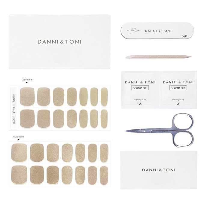 DANNI & TONI Semi Cured Gel Nail Strips Champagne Gold (Golden Veil) Mirror Gel Nail Wraps UV Nails 28 Stickers