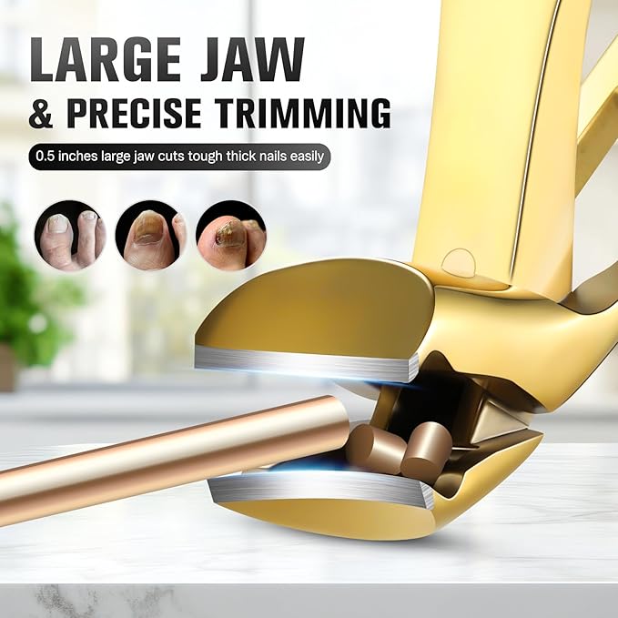 FERYES Angled Head Long Handled Toenail Clipper for Seniors - Large Wide Jaw Nail Clipper with Catcher for Thick Nails - Easier Trimming, Ergonomic Design (Gold
