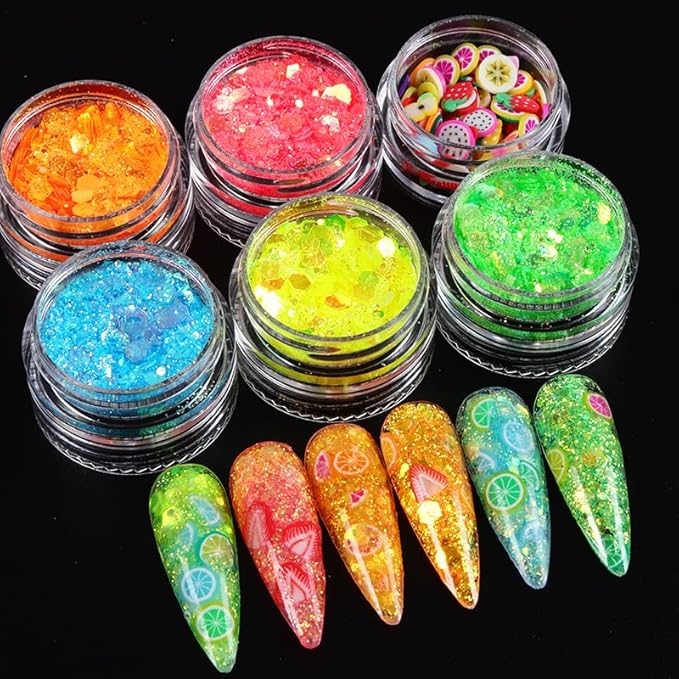 Nail Art Iridescent Sequins 3D Glitter Flakes Makeup Chunky Fruits Slices Polymer Manicure Accessories for Acrylic Nails Resin Crafts Makeup Decorations