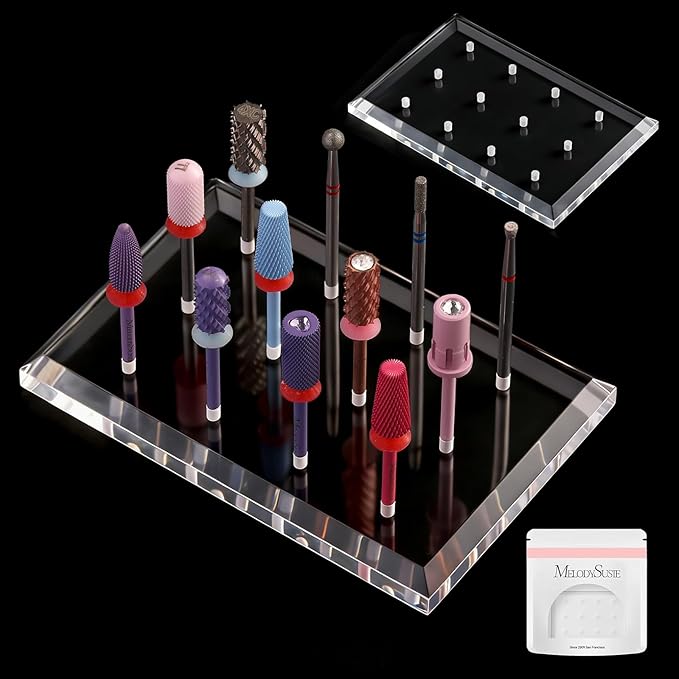 MelodySusie Nail Drill Bits Holder with 12 Holes, Visible Sturdy and Compatible with 3/32" Acrylic Drill Bit Organizer and Storage for Salon & Home, Rectangular（not include bits）