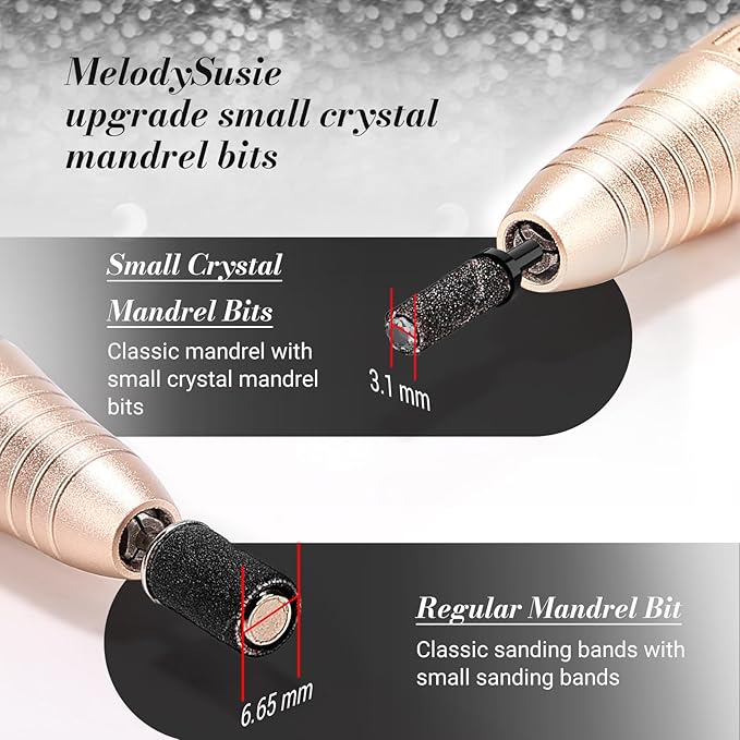 MelodySusie Small Crystal Top 3.1mm Mandrel Bit for Nails, 3/32'' Easy Off Nail Drill Bits for Sanding Bands, Suitable for Acrylic Nails Gel Manicures and Pedicures, Black