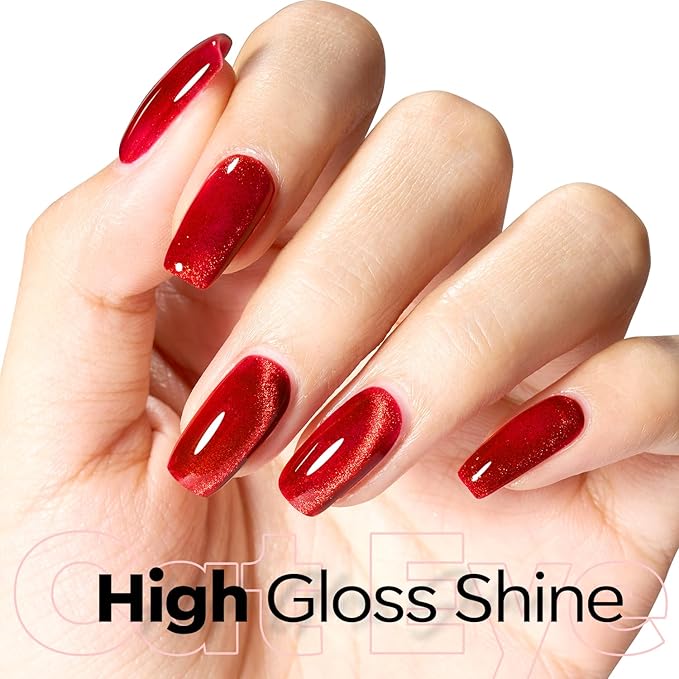 modelones Red Cat Eye Gel Nail Polish Magnetic Glitter Holographic Red Ruby Valentine Gel Polish Reflective Jelly Translucent UV Gel Manicure 15 ML