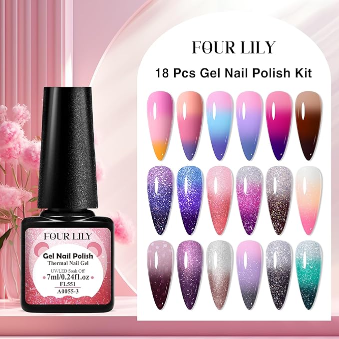 Color Changing Gel Nail Polish Set, 18 Temperature Mood Changing Colors Red Pink Purple, Soak Off UV Light Cure Gel Polish for Salon and Nail Art DIY at Home
