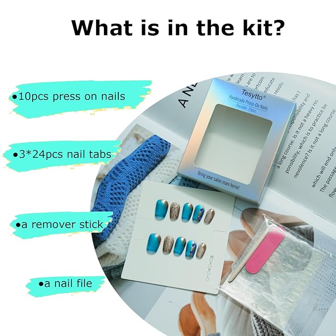 Luxury Blue Cat Eye Press on Nails, Handmade 3D Short Square Nails Glitter Blue & Gold Ombre with Heart Line Art and Rhinestone Accents for New Year,Party, Valentine's Day(Neon Cat Eye,M)