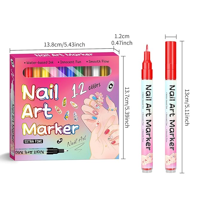 12 Colors Nail Art Marker Pens, Water Based Nail Art Pens for Painting Nail Point Graffiti Dotting Liner Pen for Home Salon Quick Dry Manicure