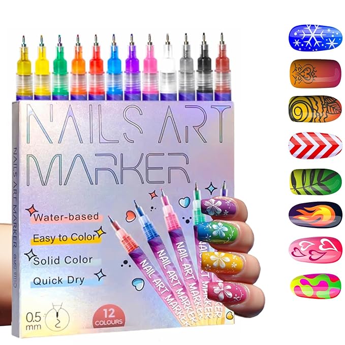12-Color Nail Art Pens & Nail Art Markers Set – Fine Tip Nail Polish Pens for Painting Nails, Quick-Dry Waterproof Nail Pens for Nail Art on Gel, Acrylic & Natural Nails