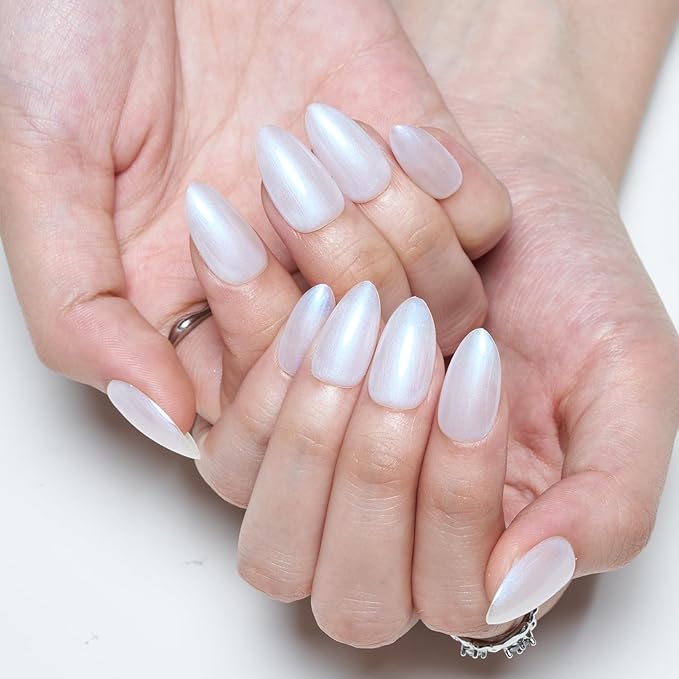 GLAMERMAID Pure White Pearl Press On Nails Short Almond, Glazed Donut Handmade Soft Jelly Gel Fake Nails, Glossy Neutral Round Oval Stick Glue on Nails Kit for Women, Reusable Acrylic False Nail Set